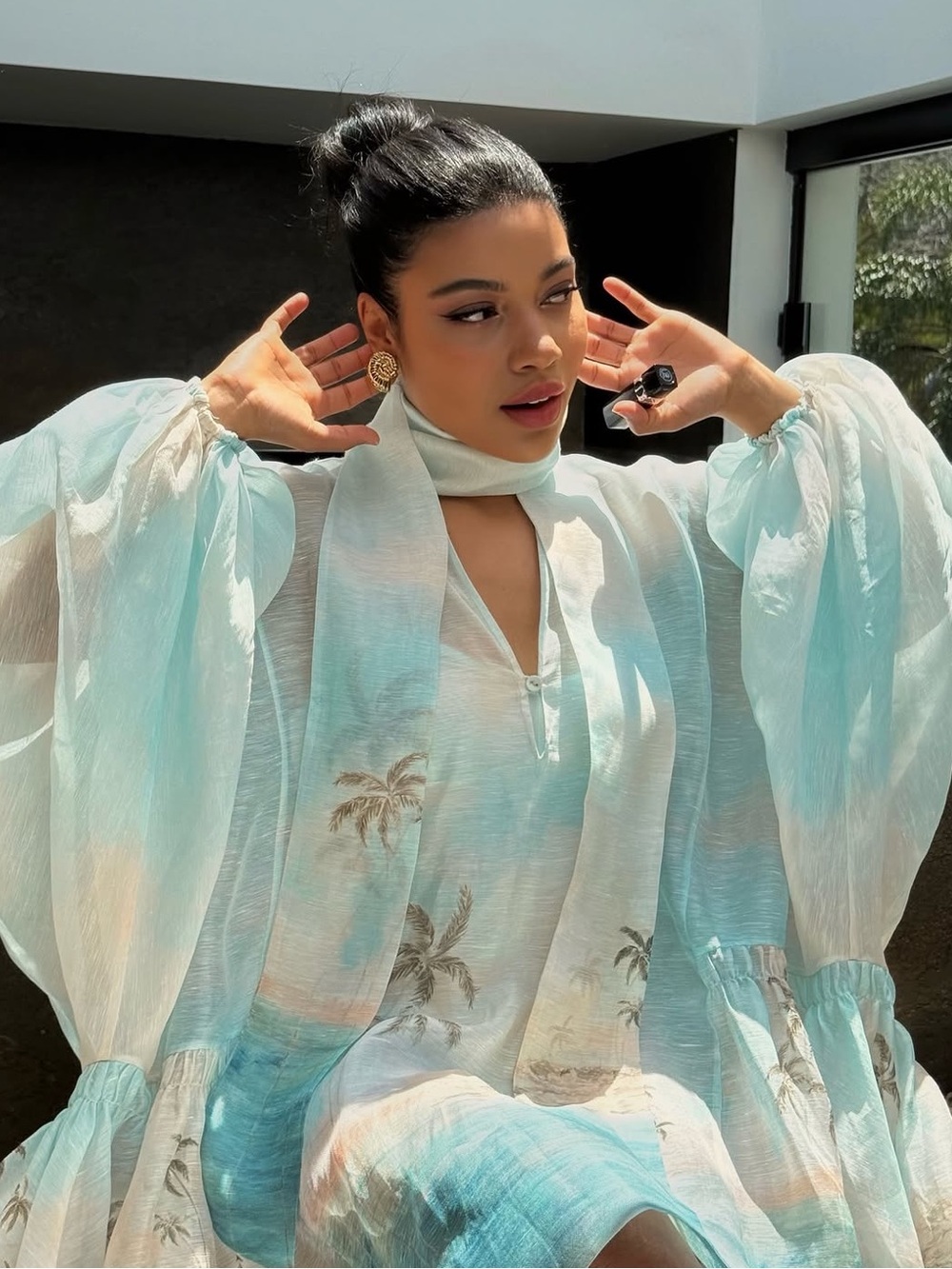 Zimmermann Pale Blue Palm-Print Sheer Beach Coverup